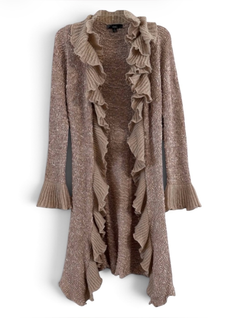 Sioni Tan Beige Ruffle Open Front Knit Duster Cardigan Sweater Bell Sleeve S
